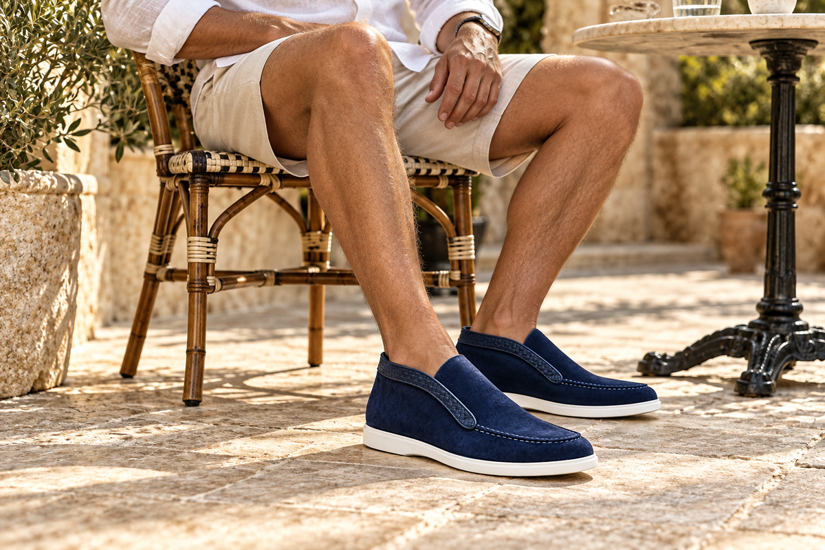 Caspian marine-blue loafers styled with stone shorts at a terrace cafe; AI-generated styling illustration.