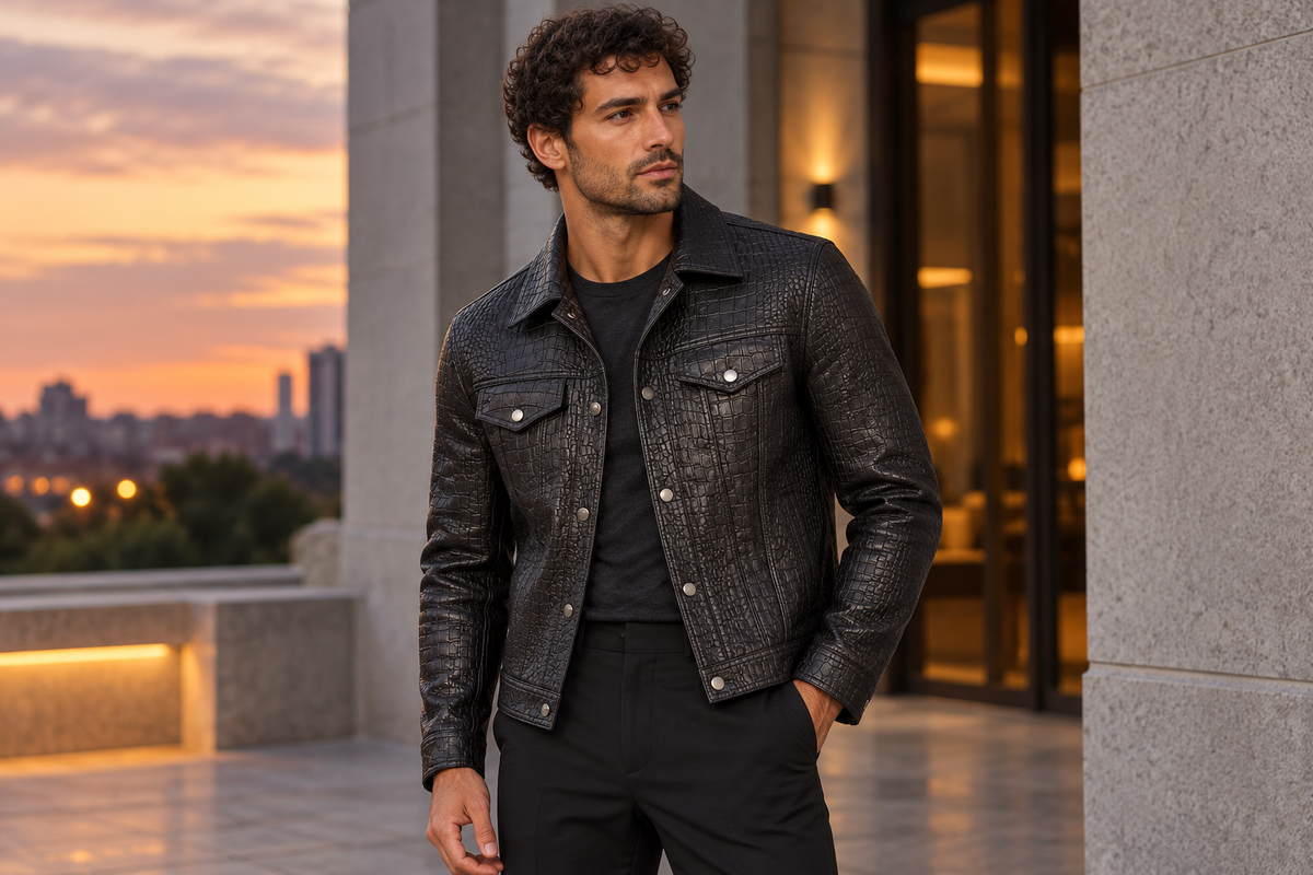 Black croc-embossed jacket styled with charcoal and black; AI-generated styling illustration.