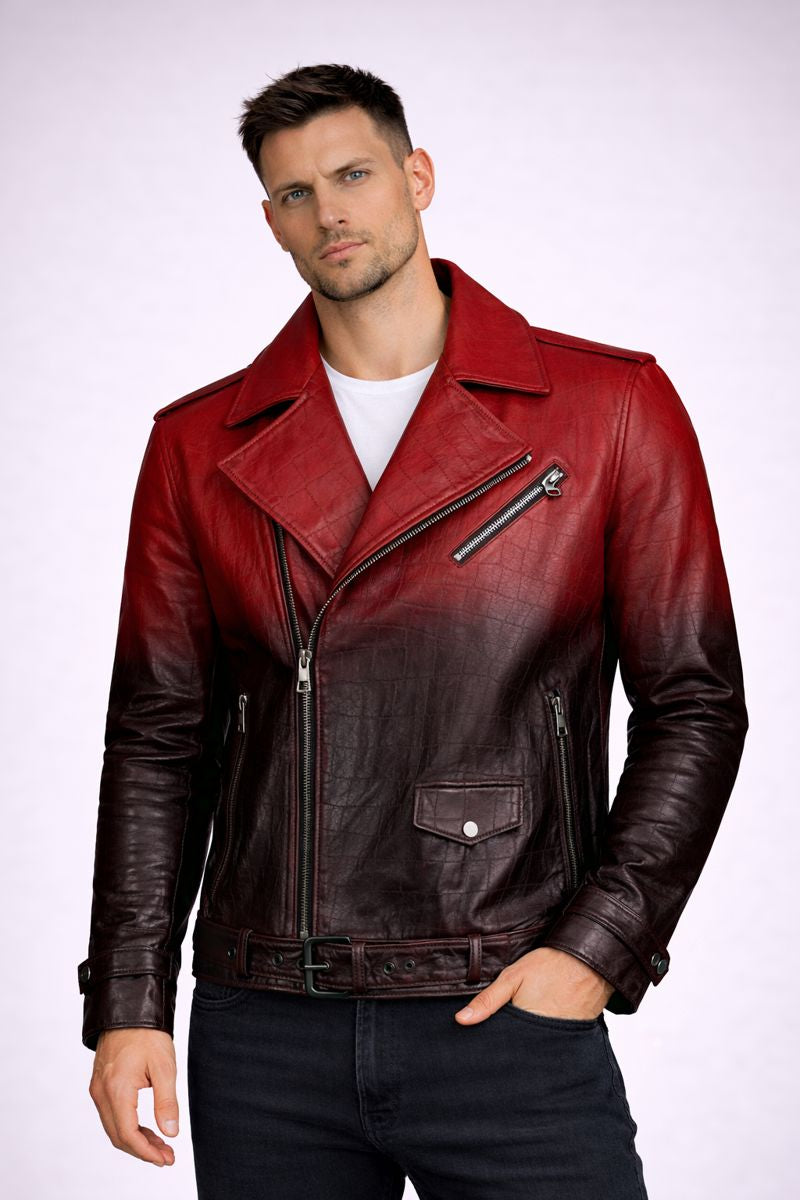 Biker Leather Jacket Croc Embossed - Red & Burnt Mahogany