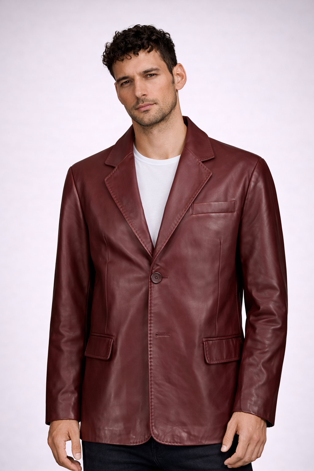 Man wearing a brown leather jacket on a white background
