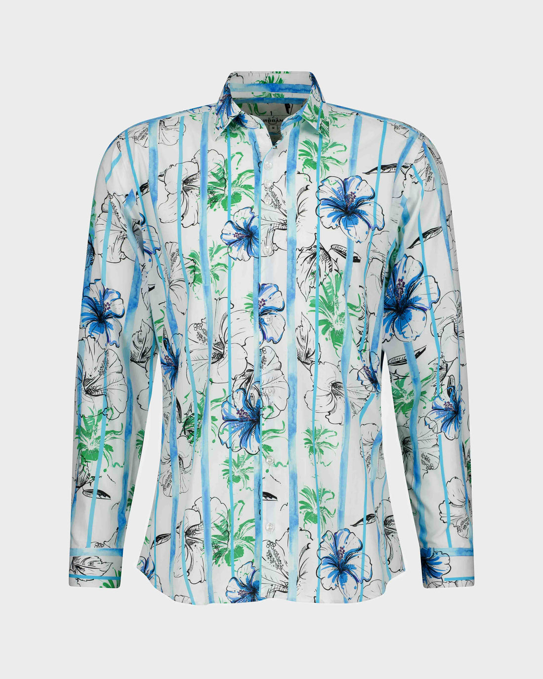 Elegant white cotton shirt with pastel floral design