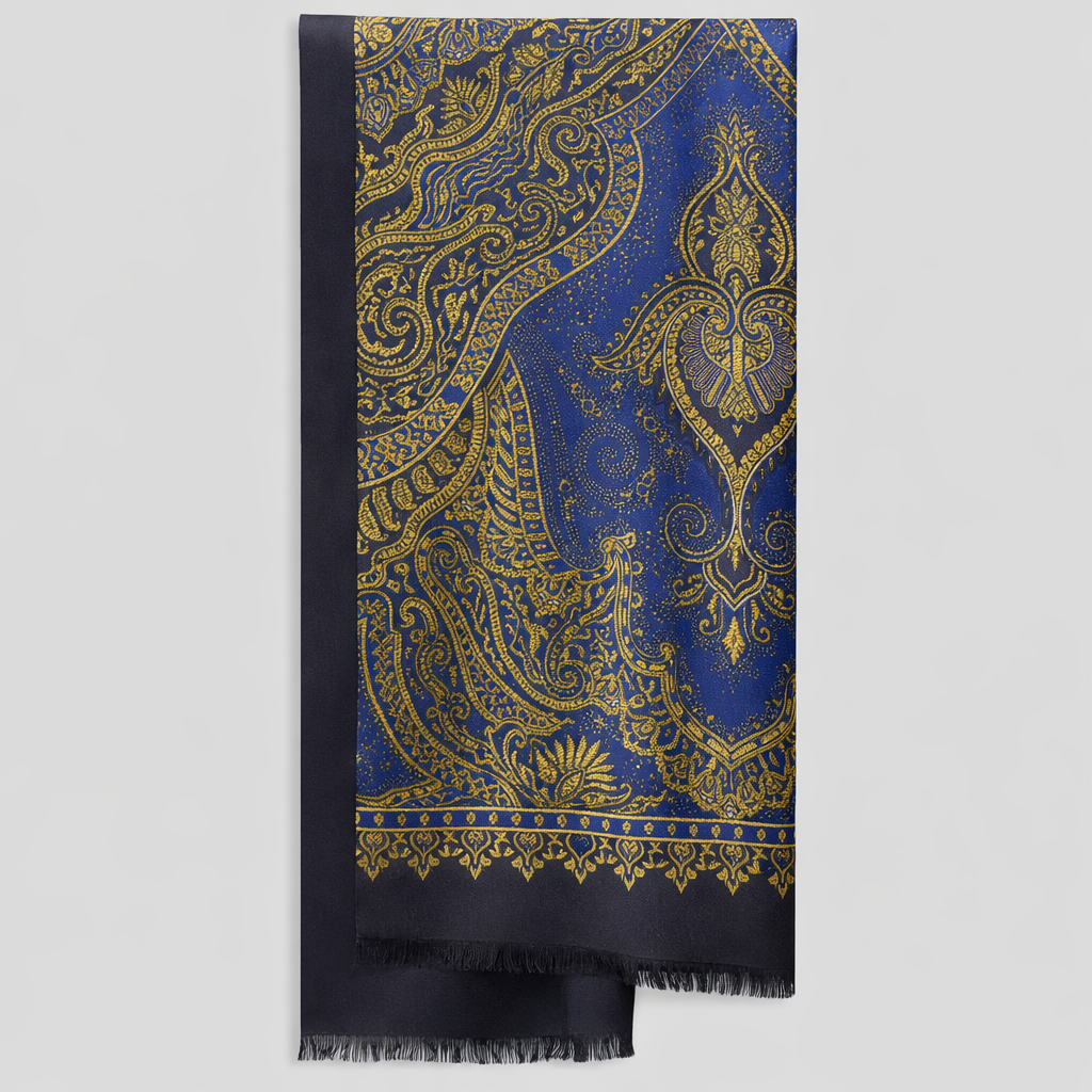 The Florence Silk Scaf - Navy & Gold