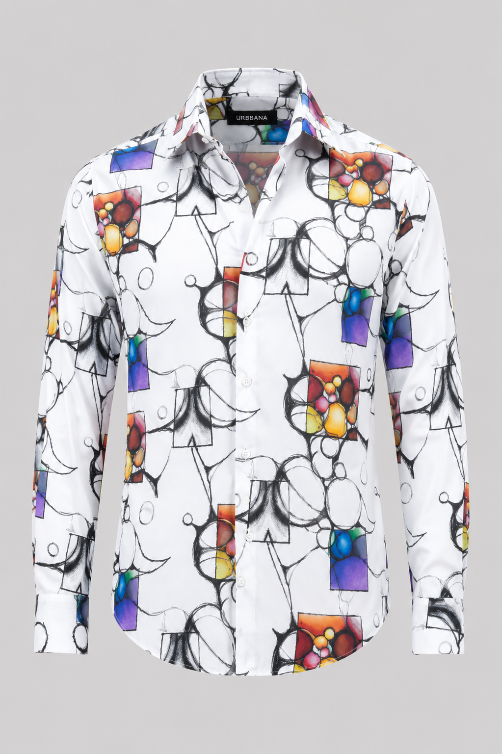 Mondrian shirt with a white abstract multicolour print, shown from the front.