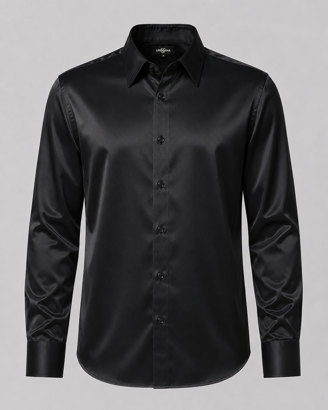 A black long-sleeve button-down shirt with a satin-like sheen, displayed on a neutral gray background.