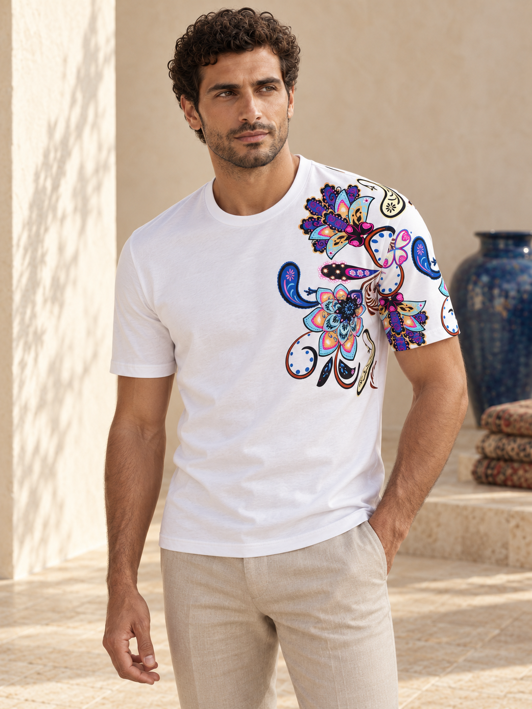 Model wearing Fine Cotton T-shirt with Shoulder Paisley Print White