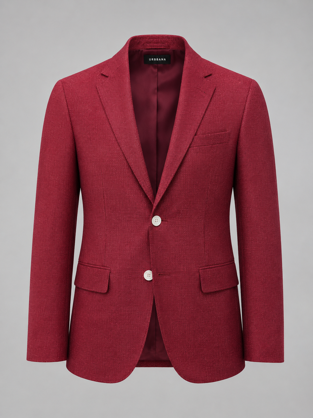 Cherry red Ascot single-breasted blazer with notch lapels and flap pockets.