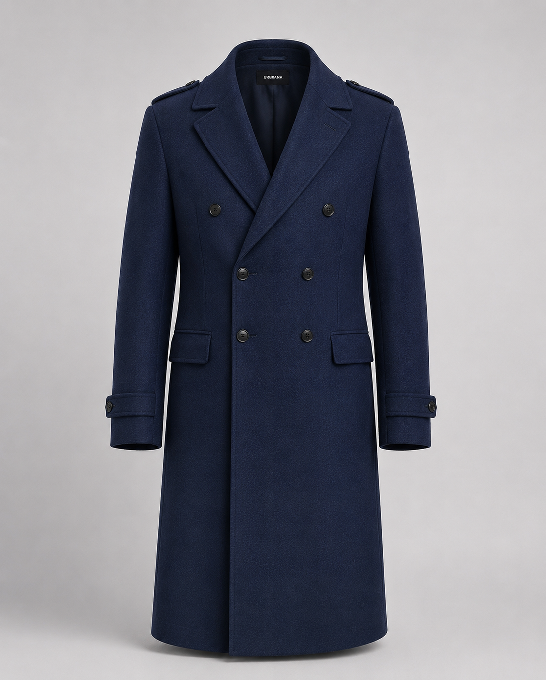 Navy Berlin double-breasted overcoat with wide lapels and flap pockets.