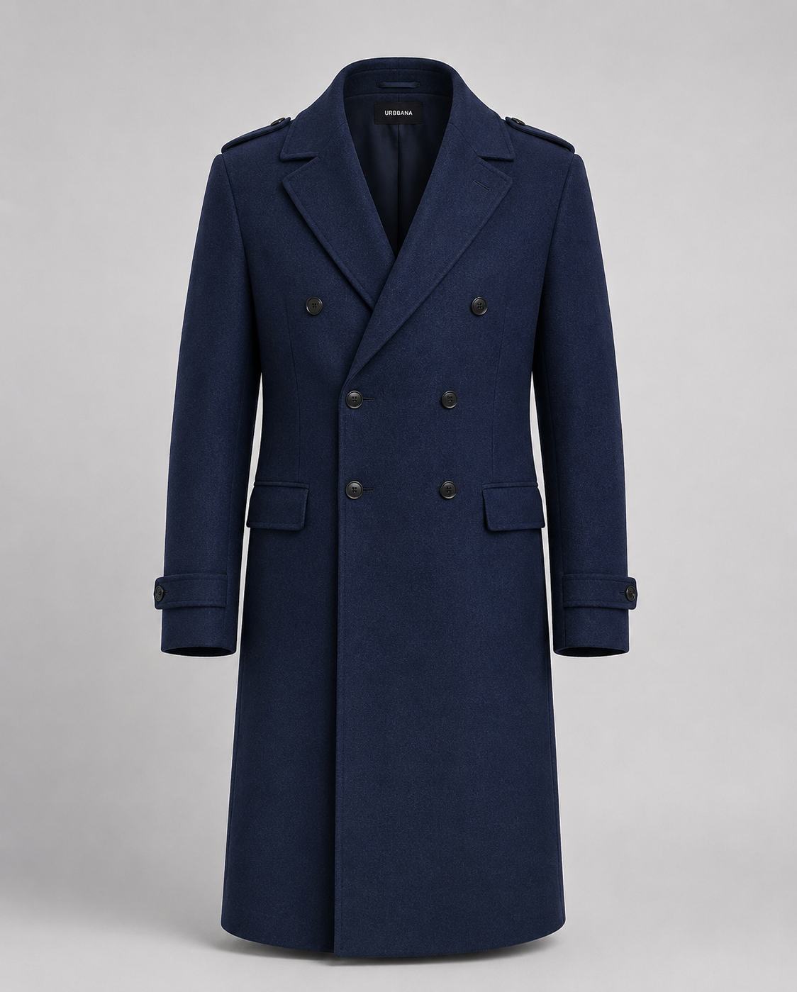 Navy Berlin double-breasted overcoat with wide lapels and flap pockets.