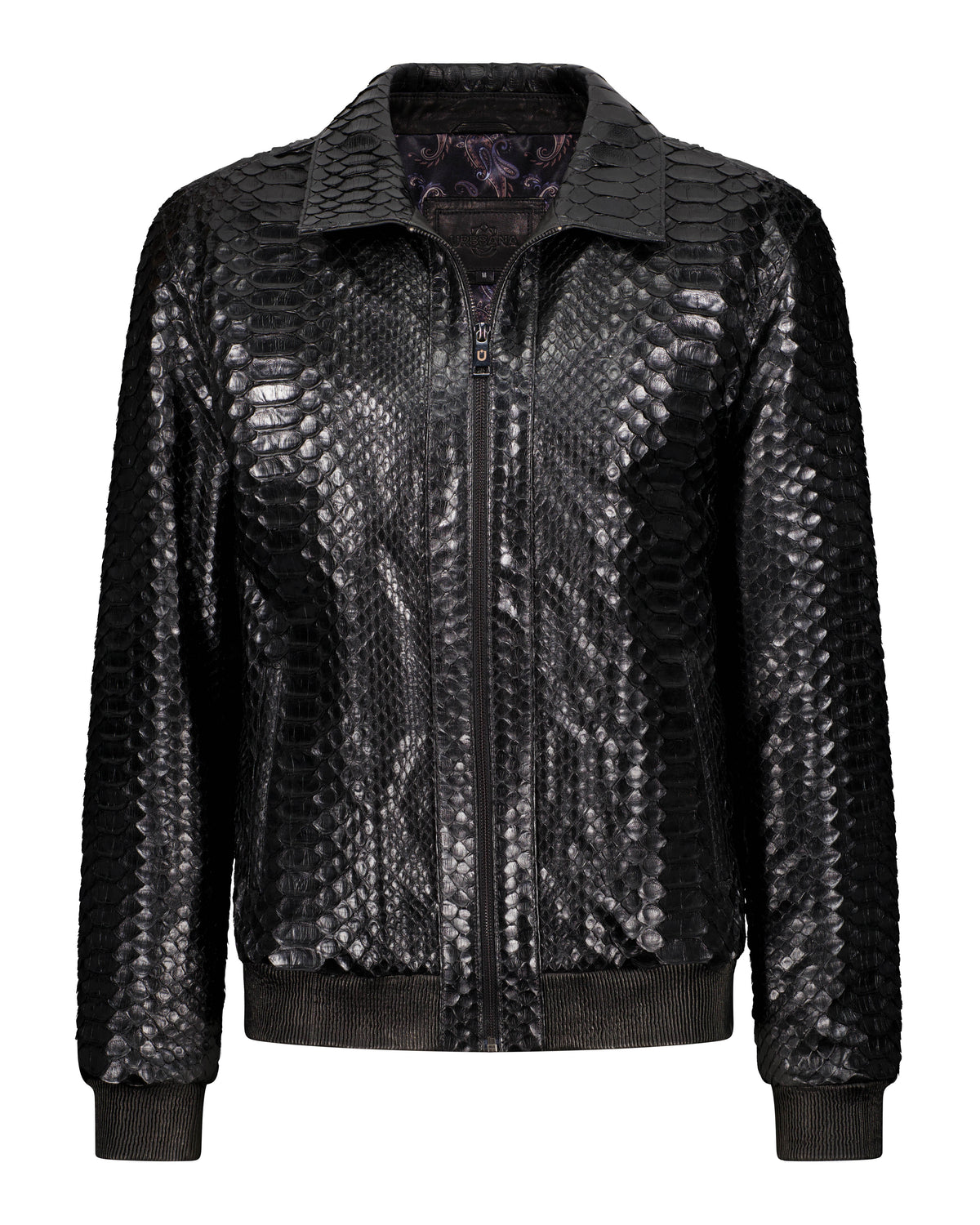 URBBANA black python leather jacket.