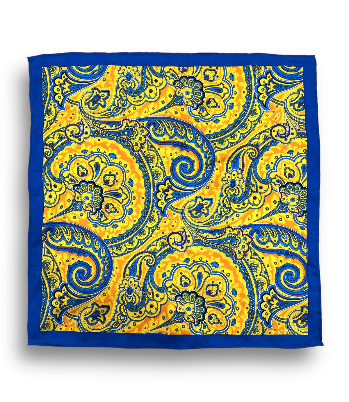 URBBANA blue and yellow paisley pocket square.