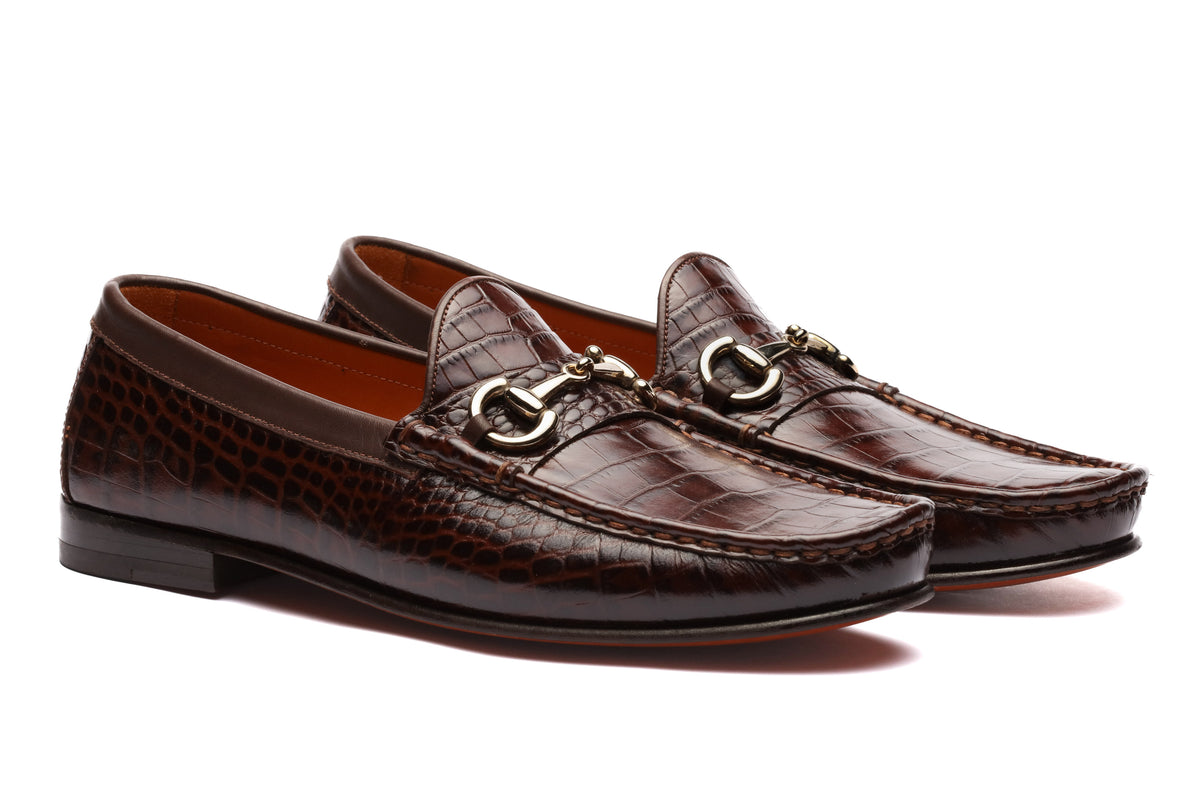 URBBANA brown croco-embossed horsebit moccasins.