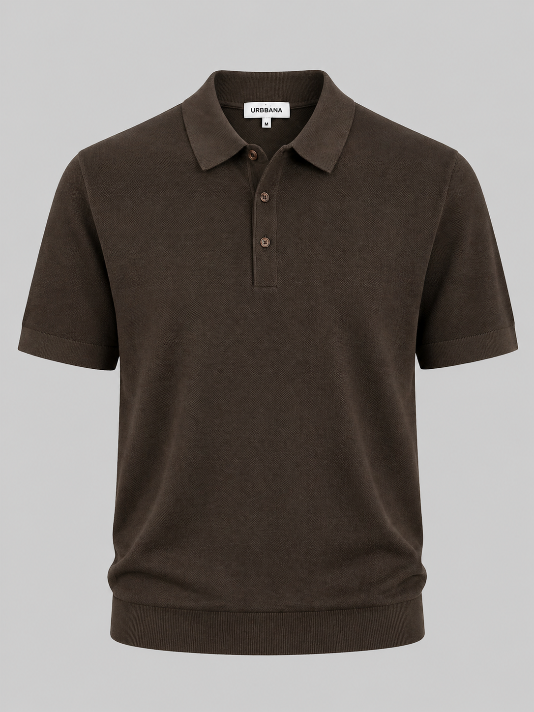 Brown short-sleeve knitted polo shirt, shown from the front.