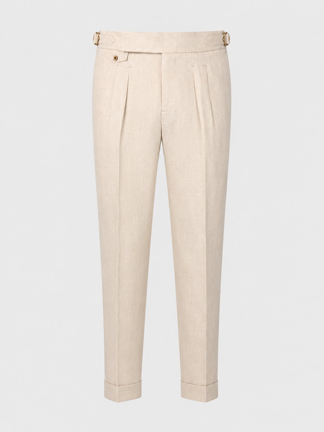 Byron sand pleated trousers with side adjusters and cuffed hems.