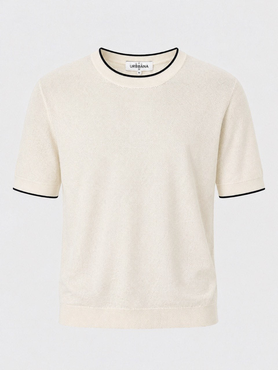 Cream short-sleeve knitted crew-neck shirt with black trim.