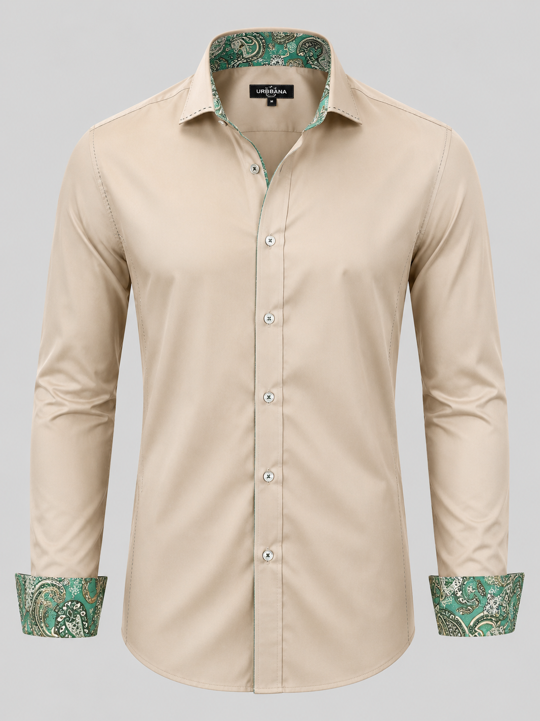 Crème Dawson shirt with green paisley collar lining, shown from the front.