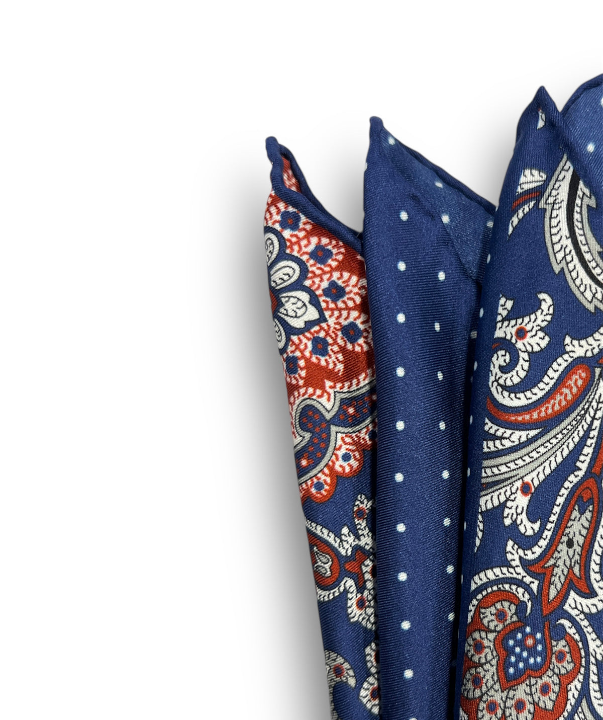 URBBANA dual-pattern navy pocket square with white dots and paisley.
