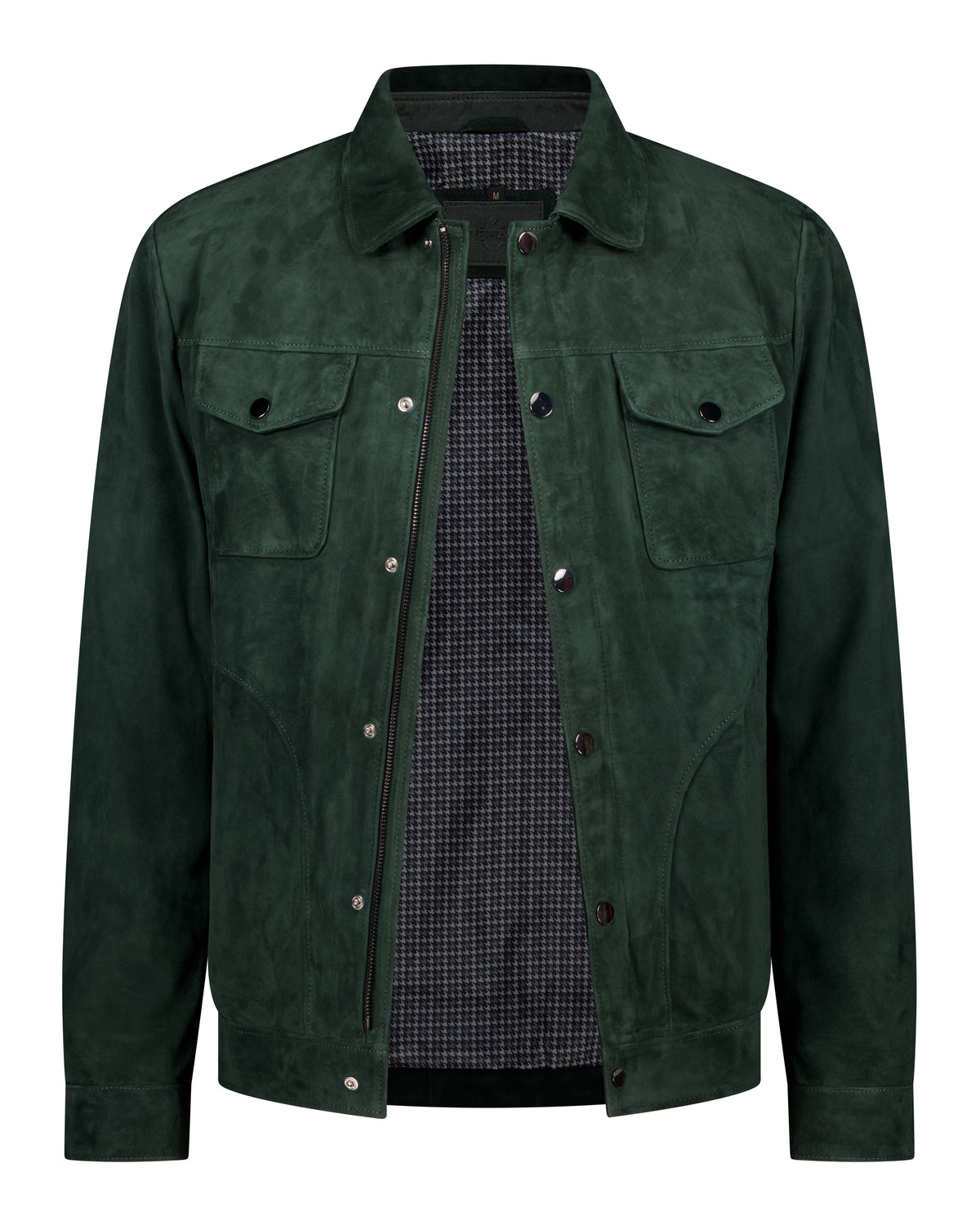 URBBANA emerald-green suede trucker jacket.