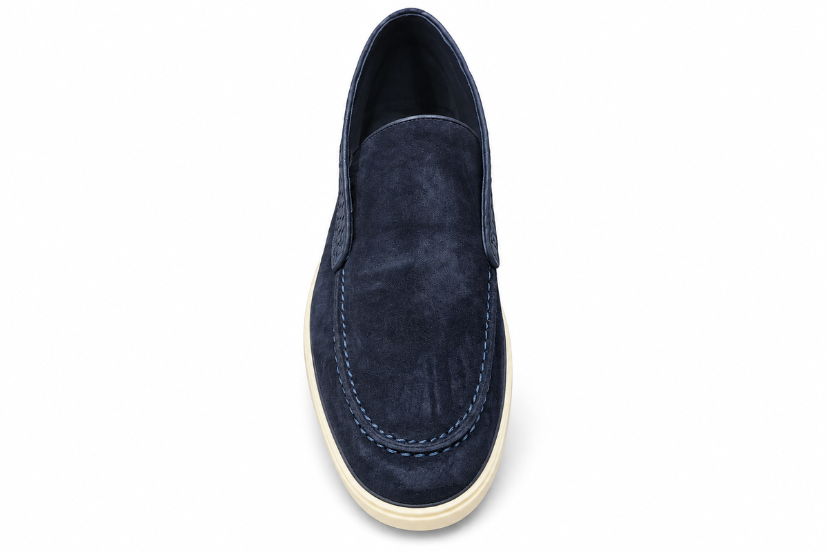 URBBANA Caspian Blue navy suede shoe, elevated front view with moc-toe stitching.