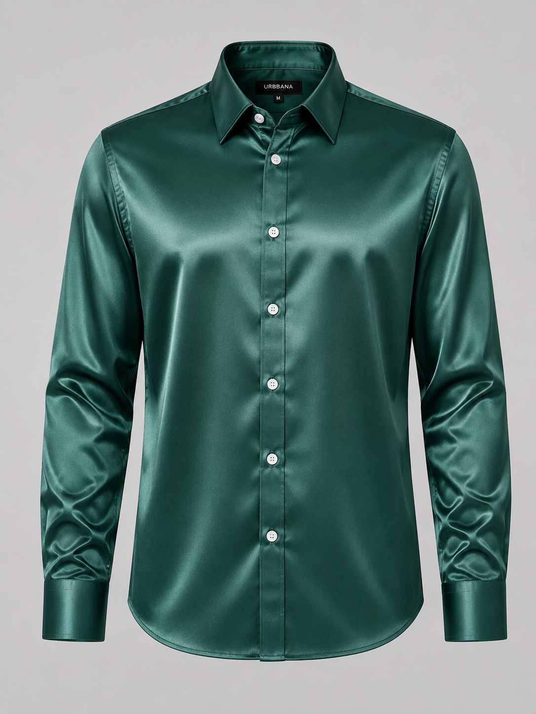 Forest green mulberry silk shirt with a lustrous finish, shown from the front.