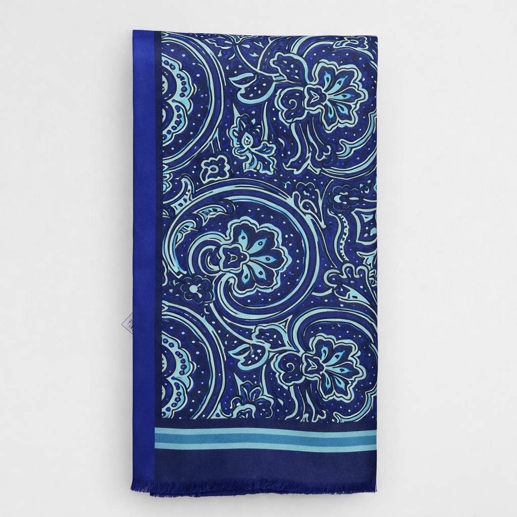 URBBANA navy patterned necktie displayed vertically on a light background.