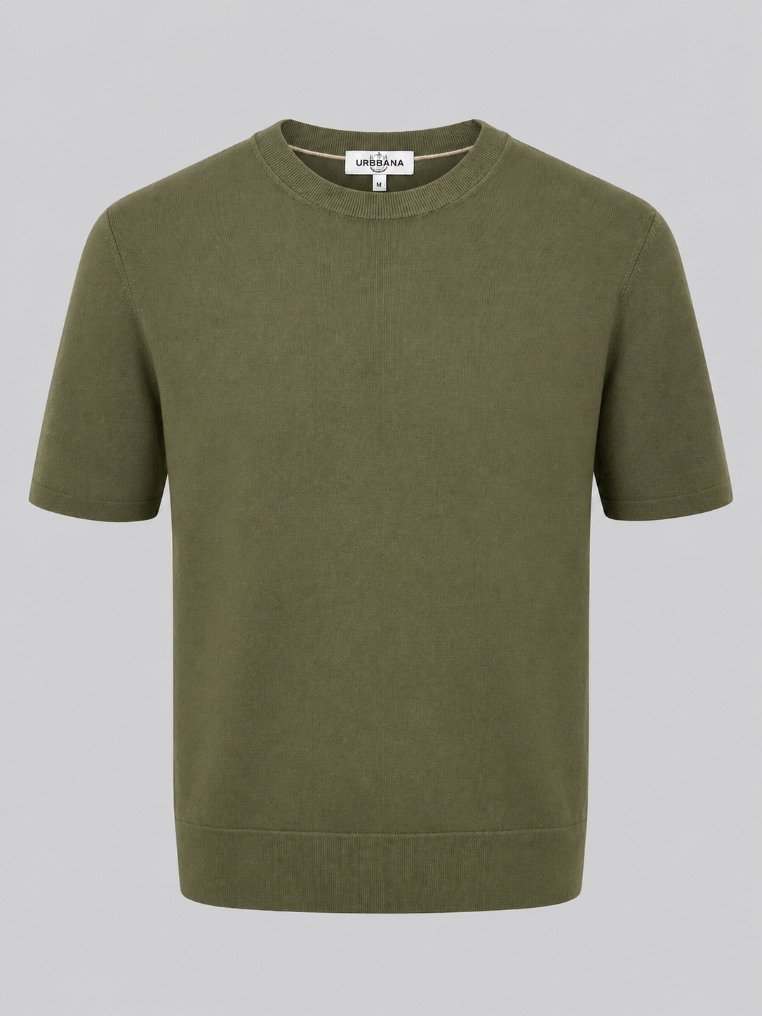 Olive green short-sleeve knitted crew-neck shirt.