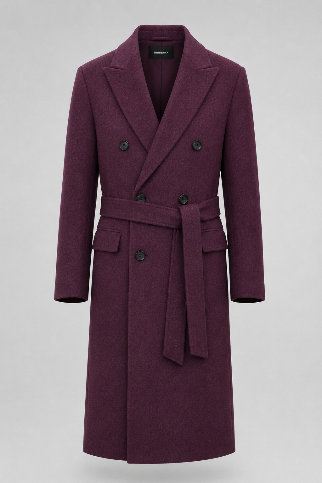 Plum Oslo double-breasted overcoat with peak lapels and a waist belt.