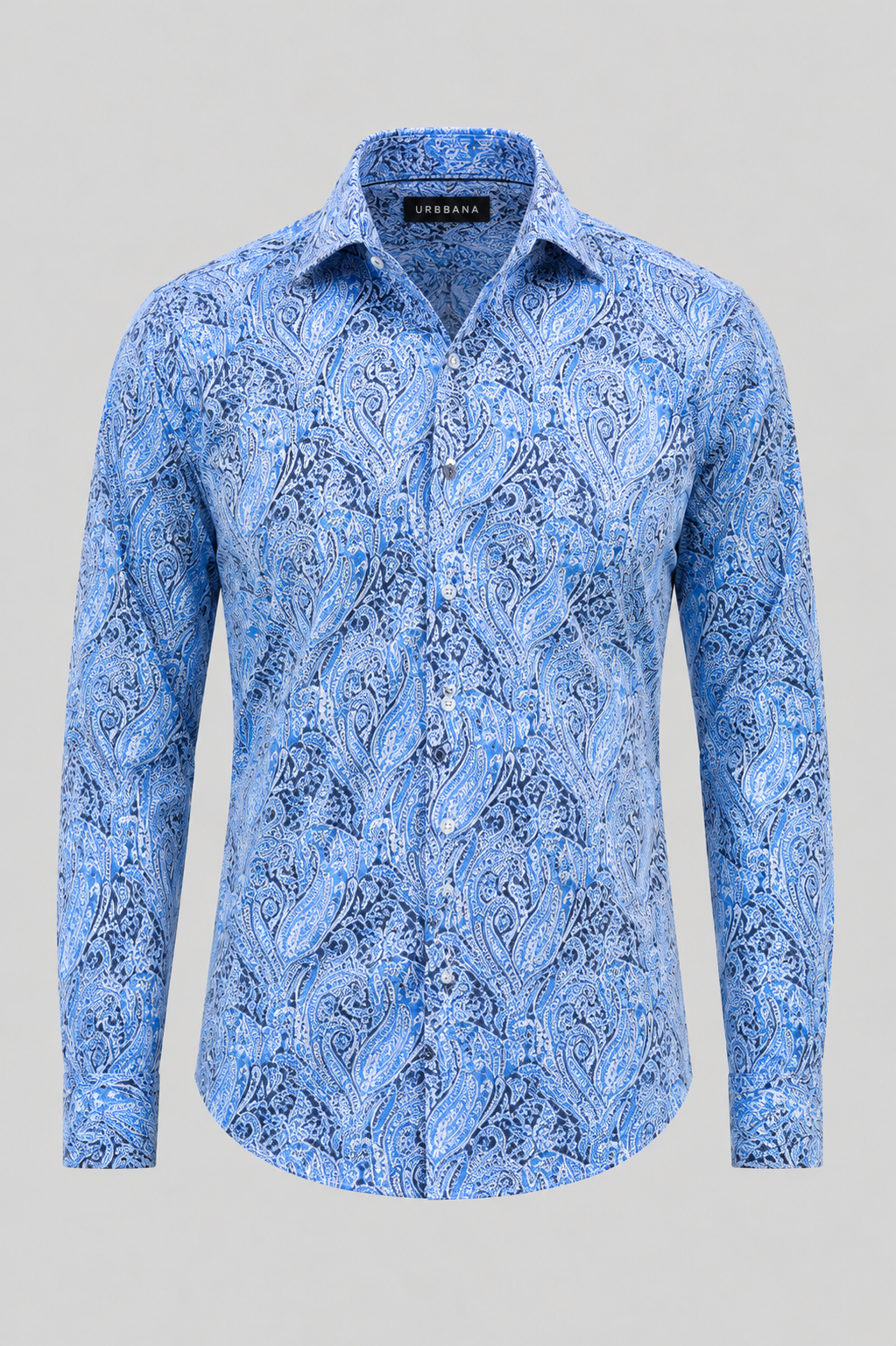 Plato shirt with a tonal cobalt blue paisley print, shown from the front.