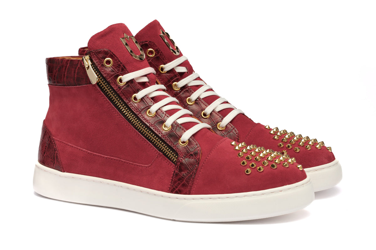URBBANA red suede high-top shoes.
