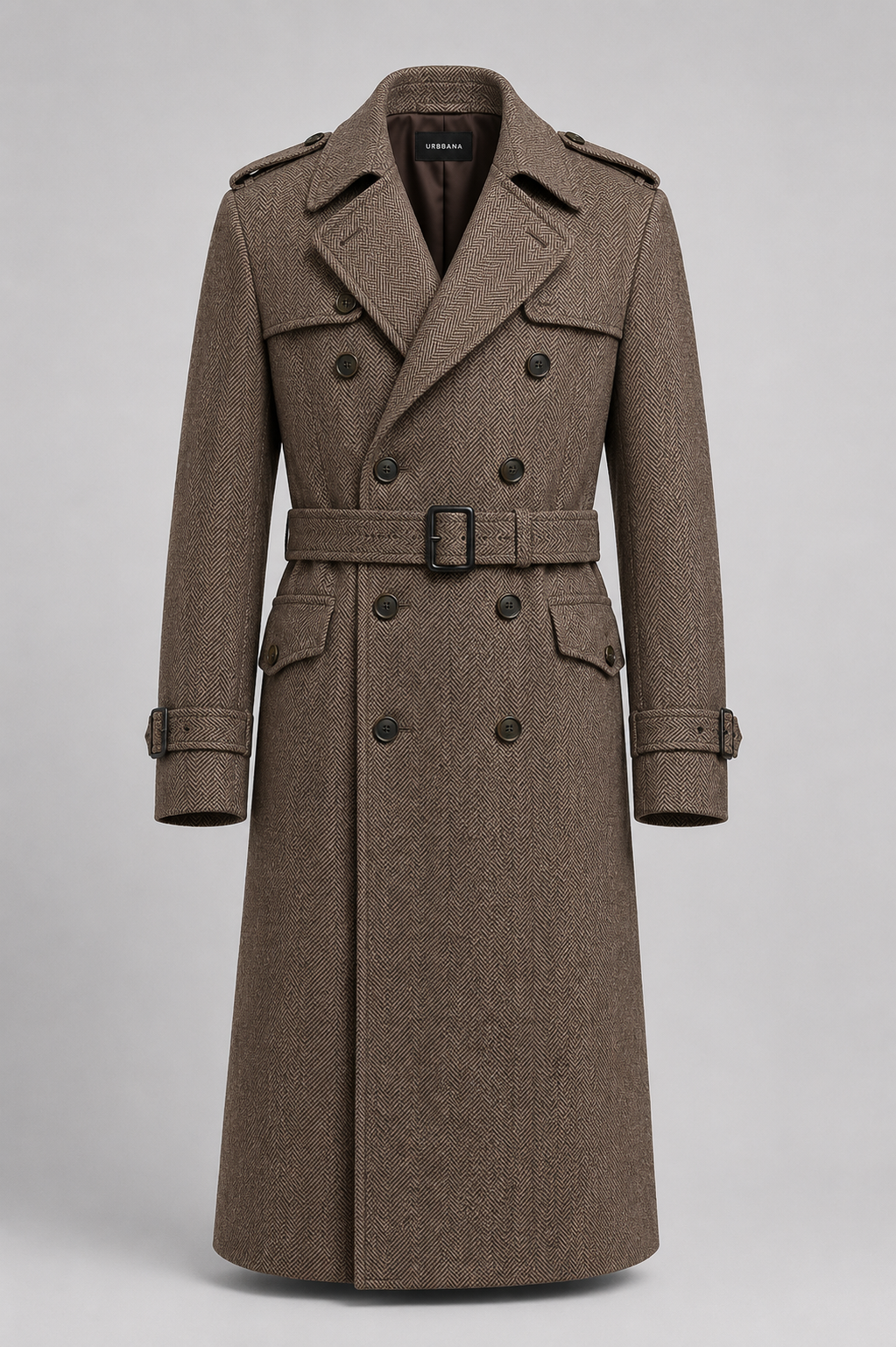 Brown herringbone Warsaw field coat with belt, epaulettes and double-breasted front.