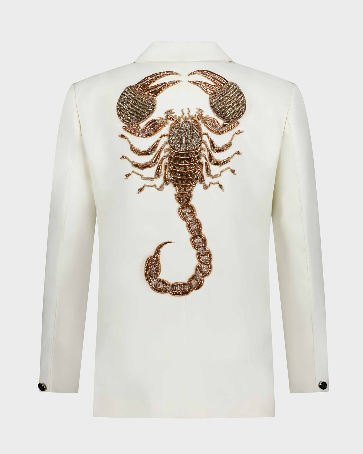 URBBANA white Scorpion jacket, back view.