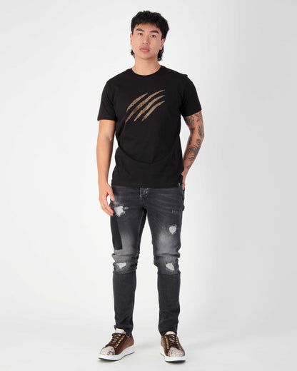 Fine Cotton T-shirt with Crystal Claw Embellishment - Black