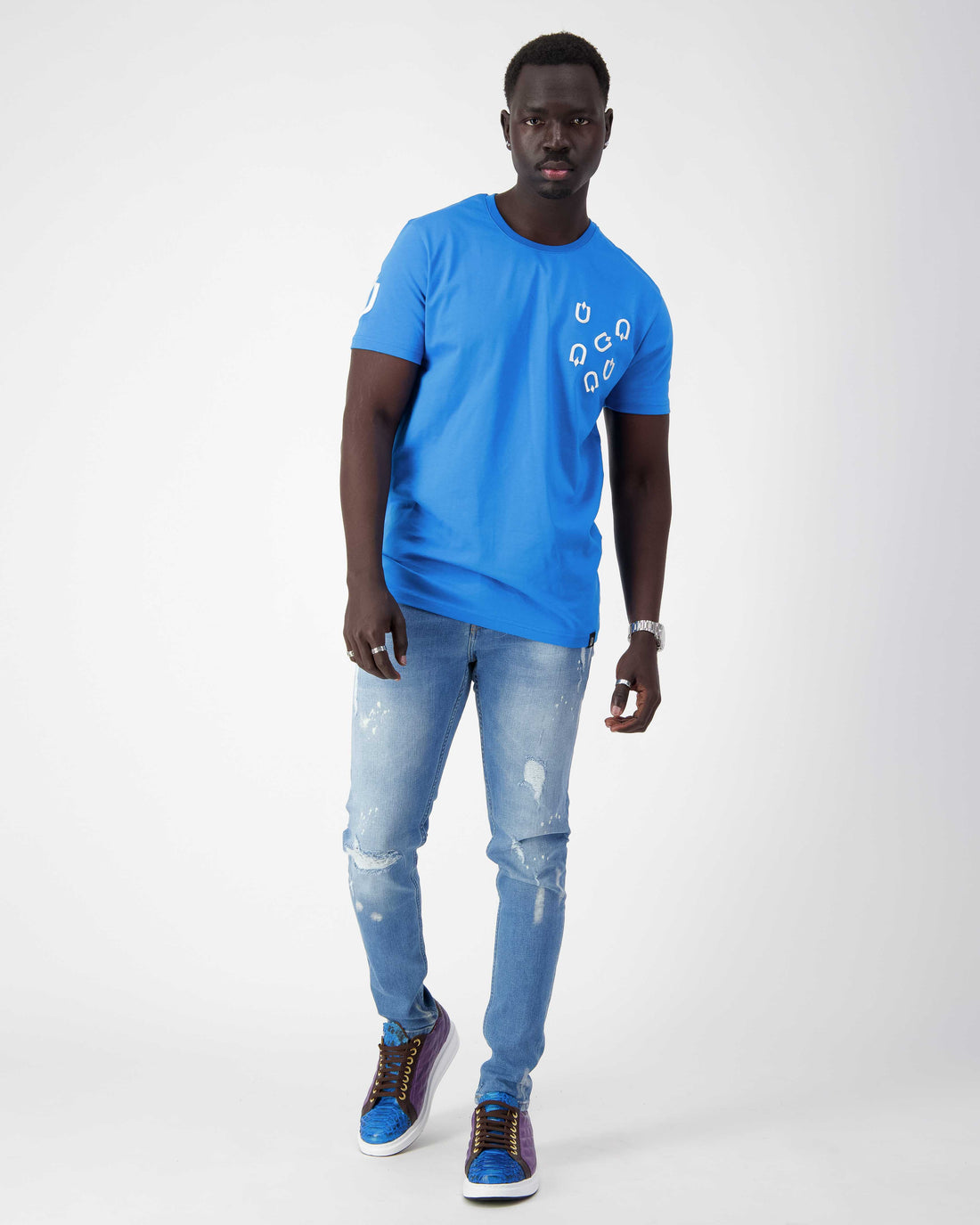 Fine Cotton T-shirt with Multi U Embroidery - Electric Blue - Unique Handmade T-Shirts