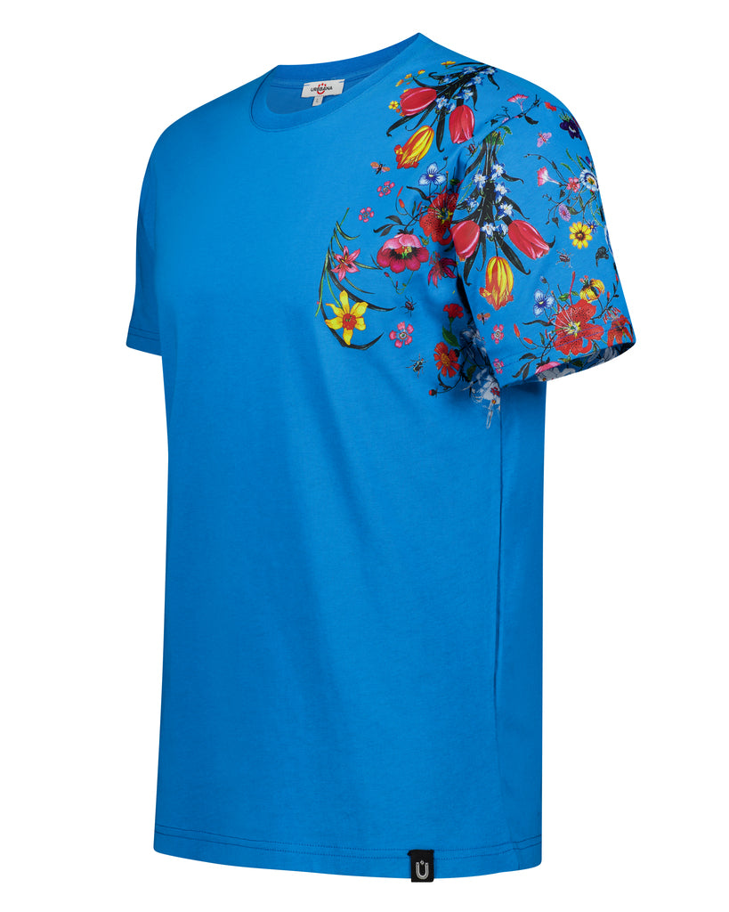 Fine Cotton T-shirt with Shoulder Floral Print - Blue - t-shirt by Urbbana