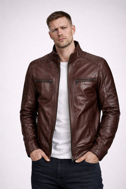 Man wearing a brown leather jacket on a white background