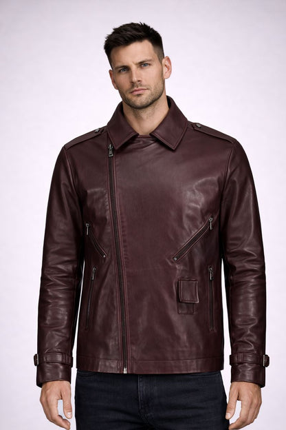 Man wearing a brown leather jacket on a white background