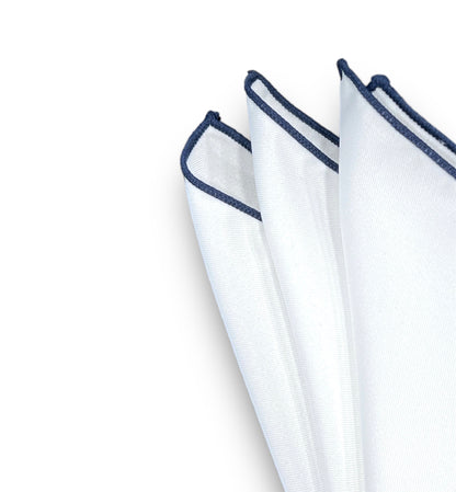 Pocket Square - White &amp; Navy Trim - URBBANA Pocket Square Collection