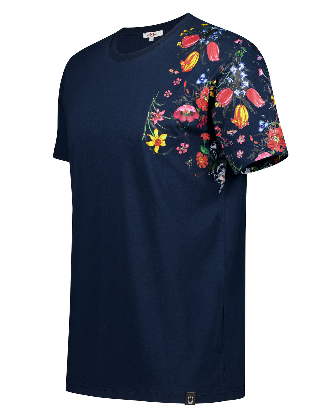 Fine Cotton T-shirt with Shoulder Floral Print - Navy