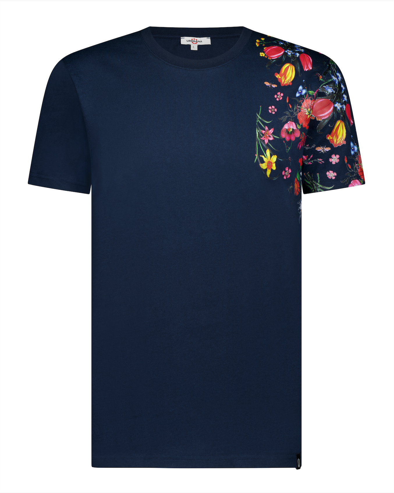Fine Cotton T-shirt with Shoulder Floral Print - Navy