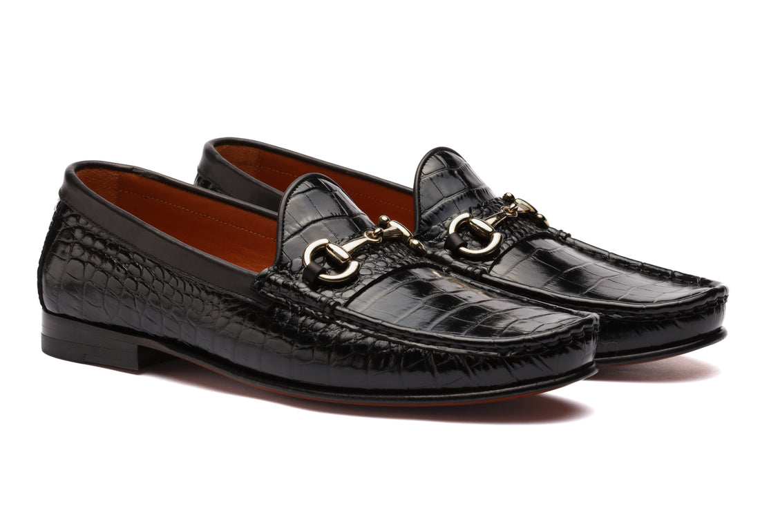 Moccasins Horsebit Croc Embossed - Black - Loafers by Urbbana
