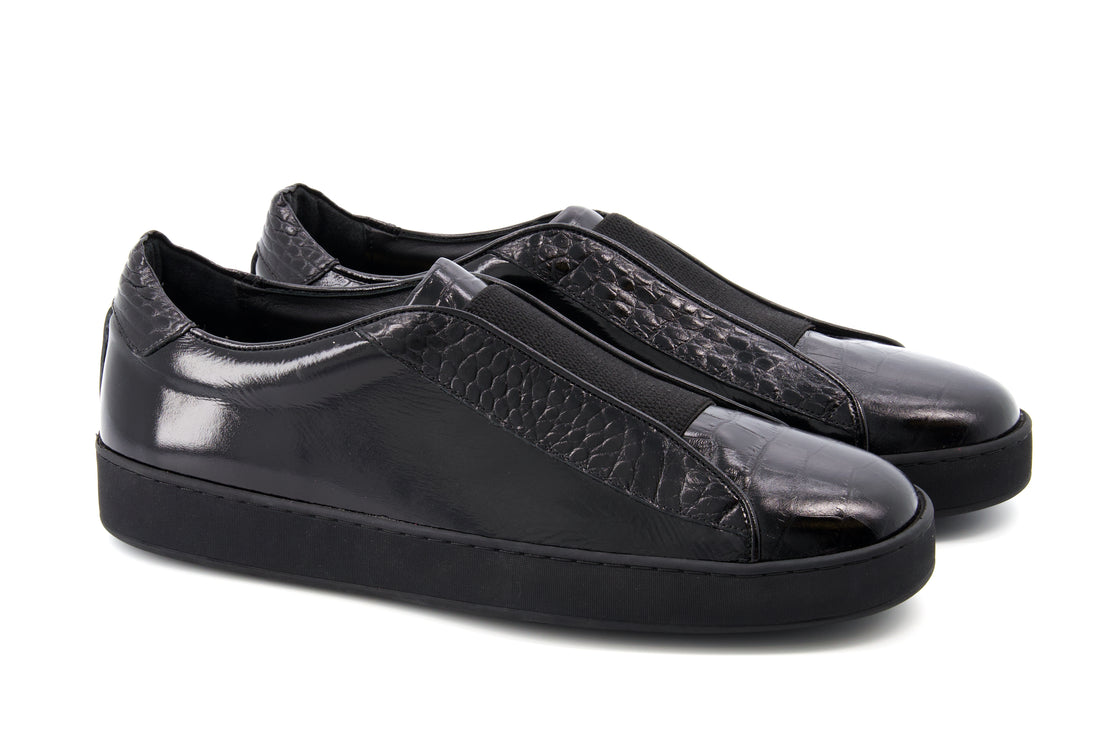 Miguel Croc Embossed Sneakers - Black - URBBANA Handmade Shoes