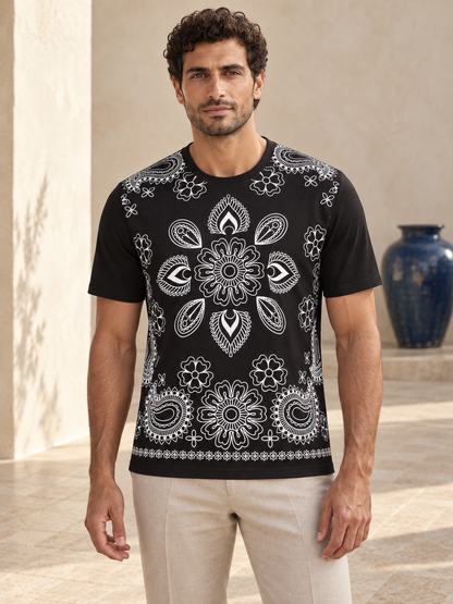 Model wearing Fine Cotton T-shirt with Paisley Graphic Design Black