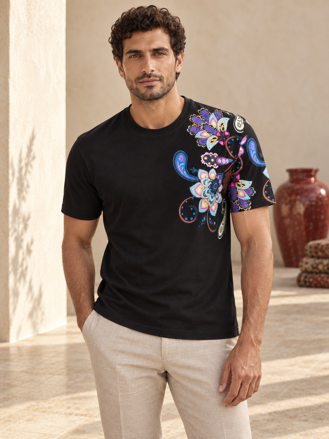 Model wearing Fine Cotton T-shirt with Shoulder Paisley Print Black
