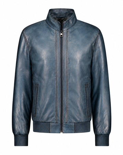 Teal patina lambskin leather bomber jacket front view