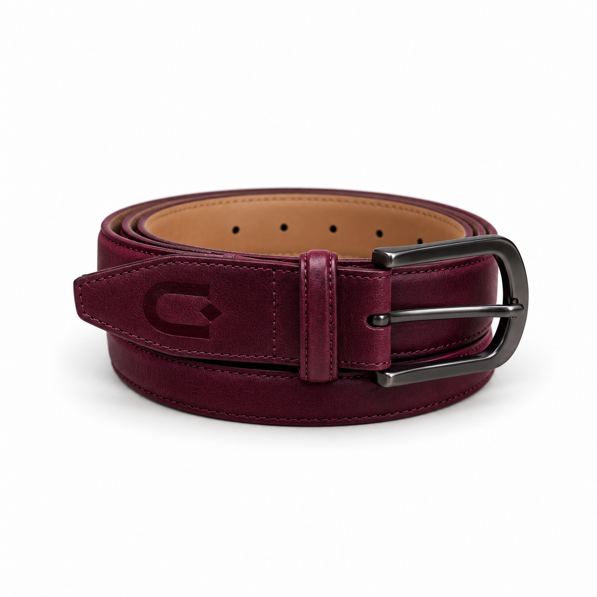 The Leather Burgundy Belt — coiled studio view