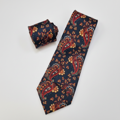 Amalfi silk tie and matching pocket square in navy with orange paisley.