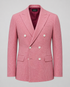 Rose pink Ascot double-breasted blazer with peak lapels and white buttons.