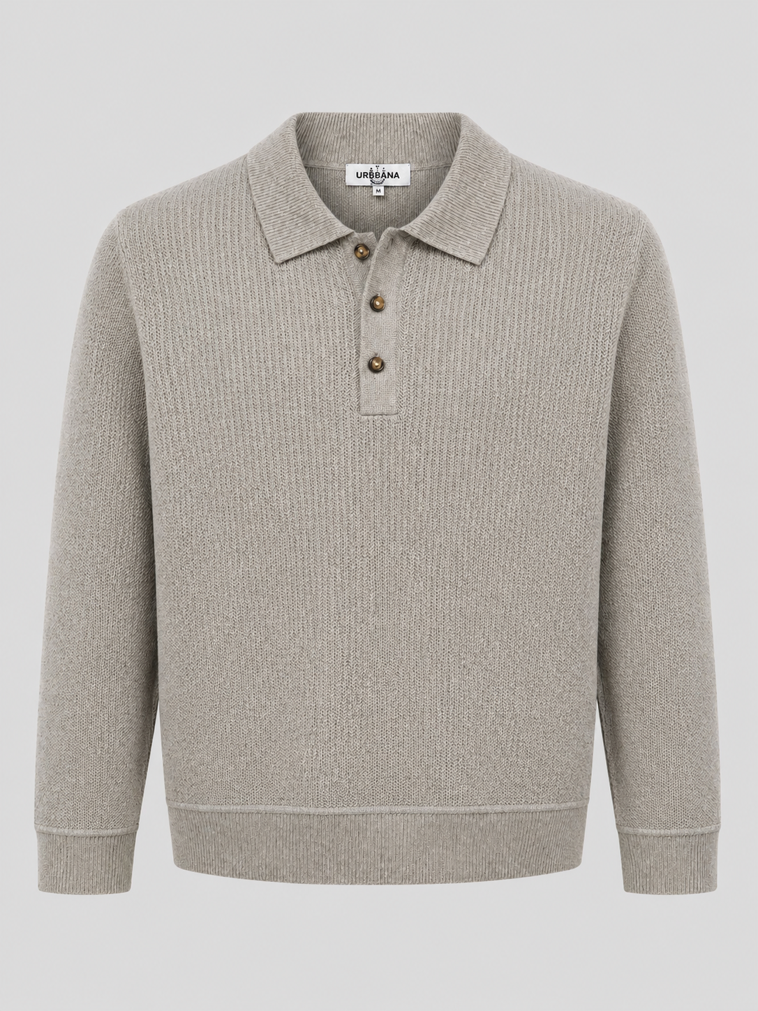 Beige long-sleeve knitted polo shirt with brown buttons.