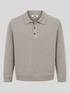 Beige long-sleeve knitted polo shirt with brown buttons.