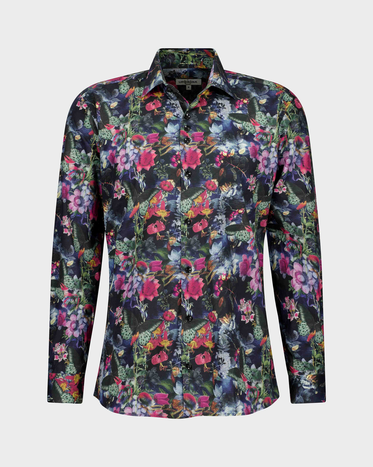 URBBANA black shirt with red and purple flowers and butterfly design.