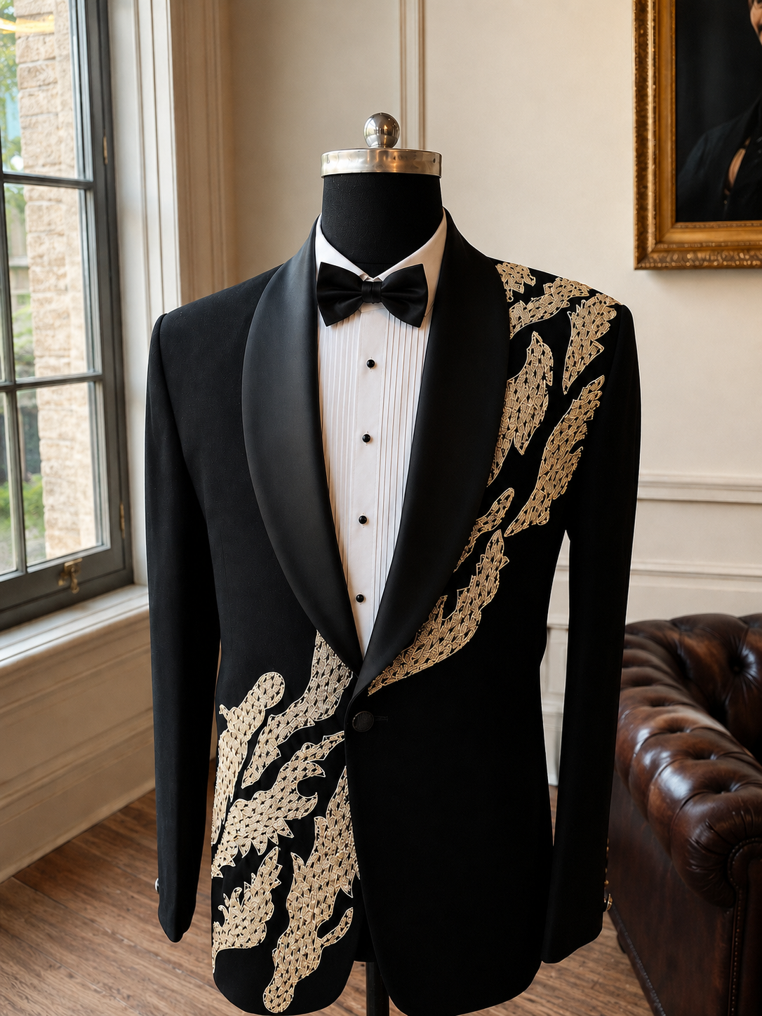 Black and gold flame-embroidered ceremony jacket displayed on a mannequin.